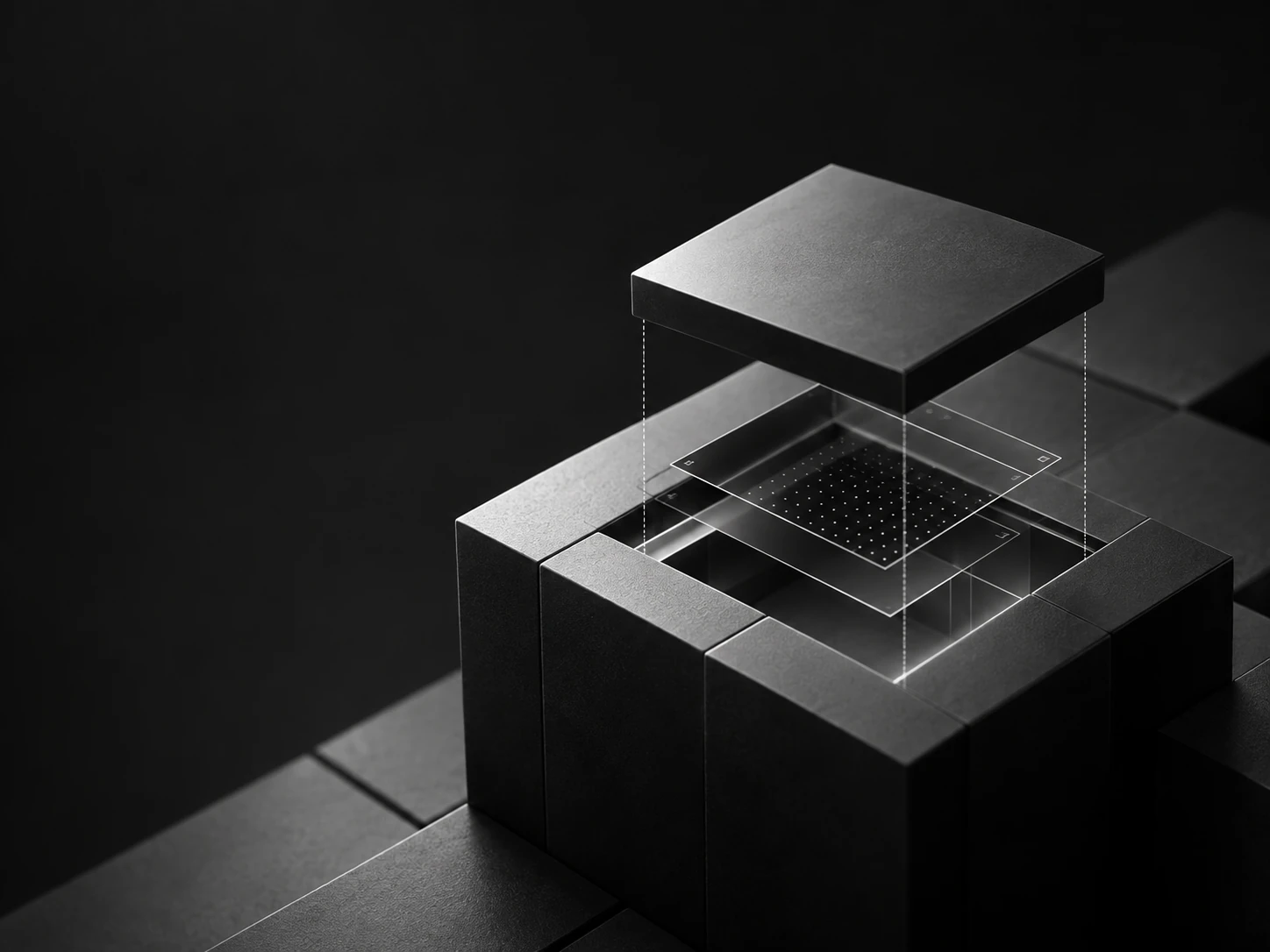Cubo escuro com a tampa suspensa revelando camadas translúcidas de um sistema visual